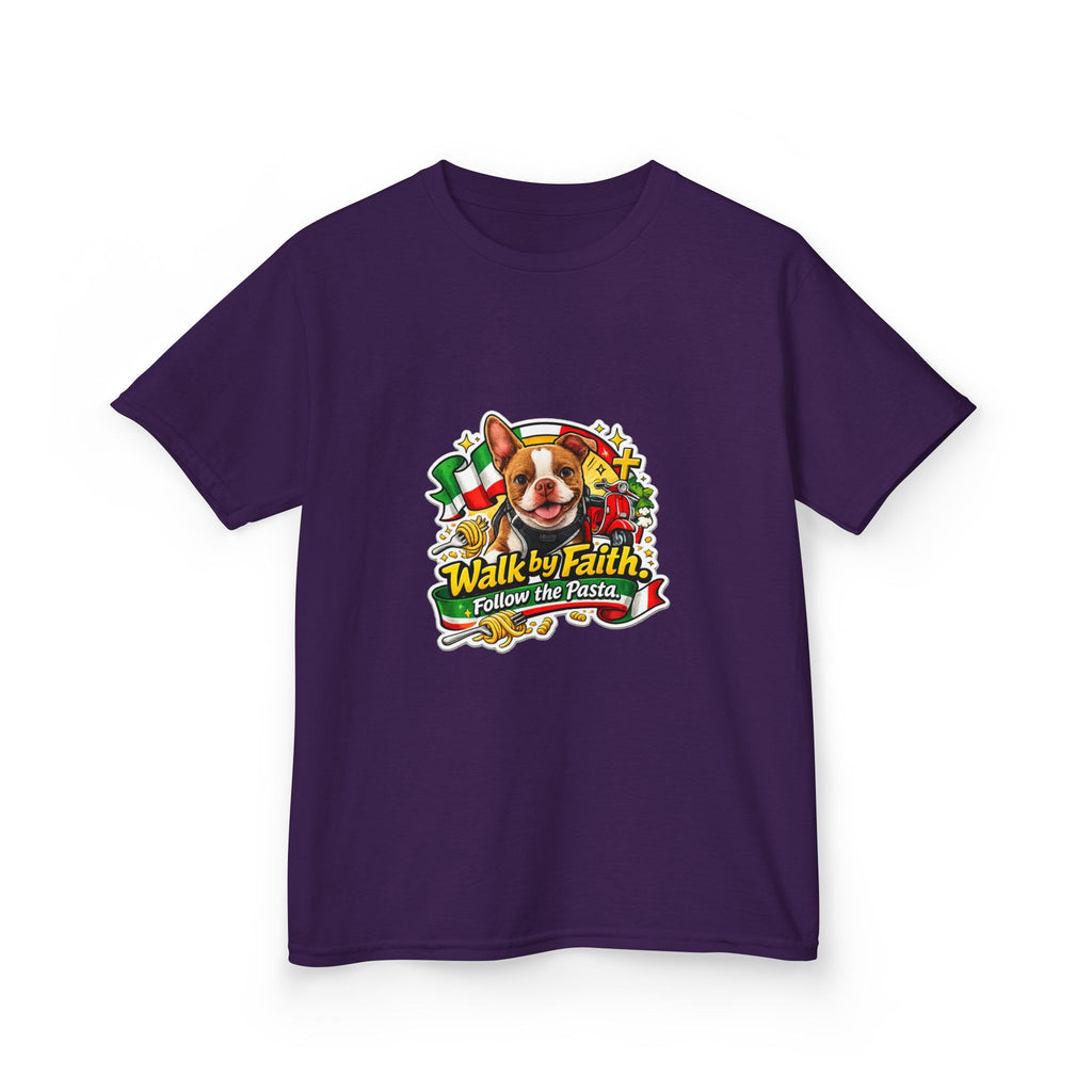 Kids T‑Shirt — “Walk by Faith, Follow the Pasta ” Cute Olli the Boston Terrier Faith Graphic