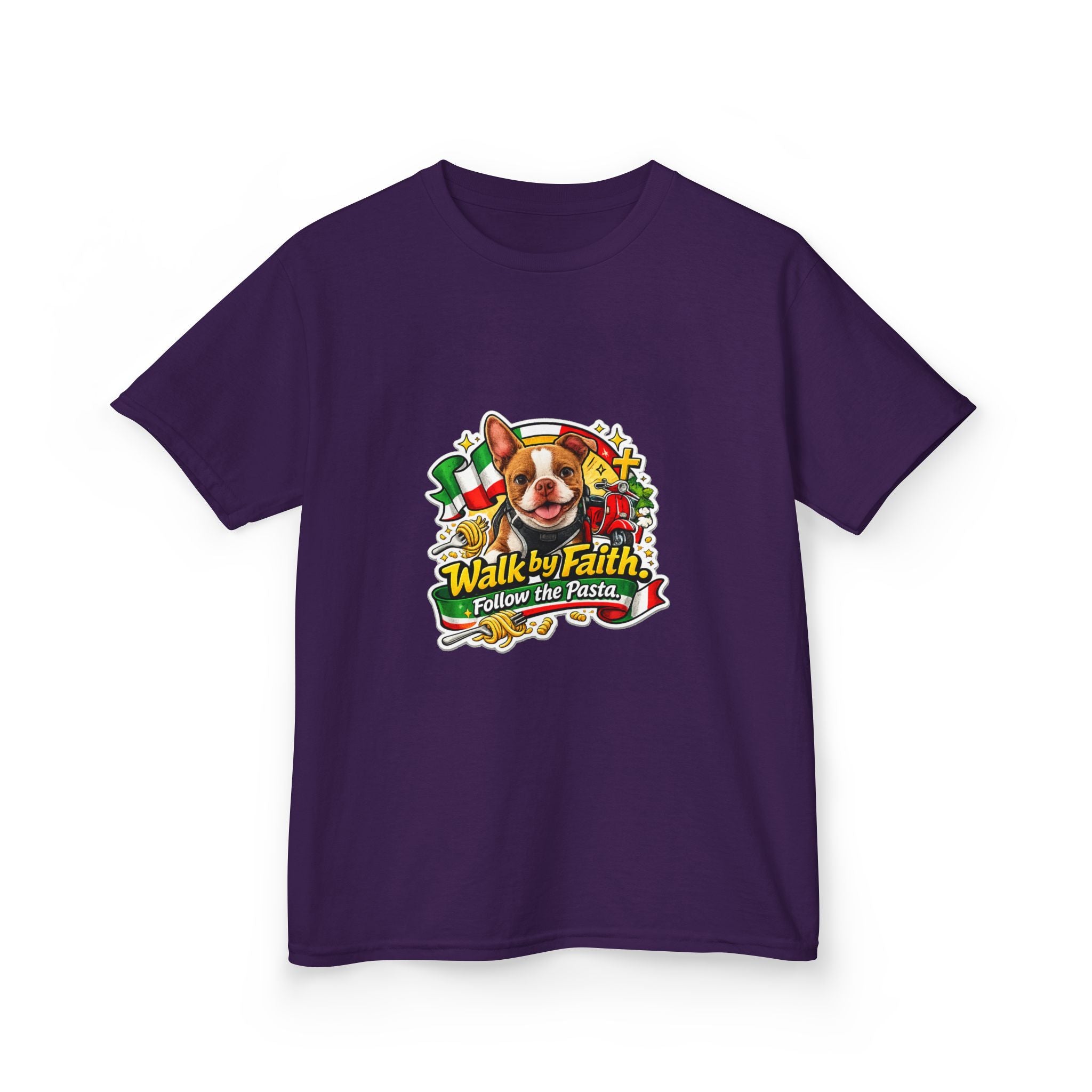 Kids T‑Shirt — “Walk by Faith, Follow the Path” Cute Olli the Boston Terrier In Italy Dog Faith Graphic