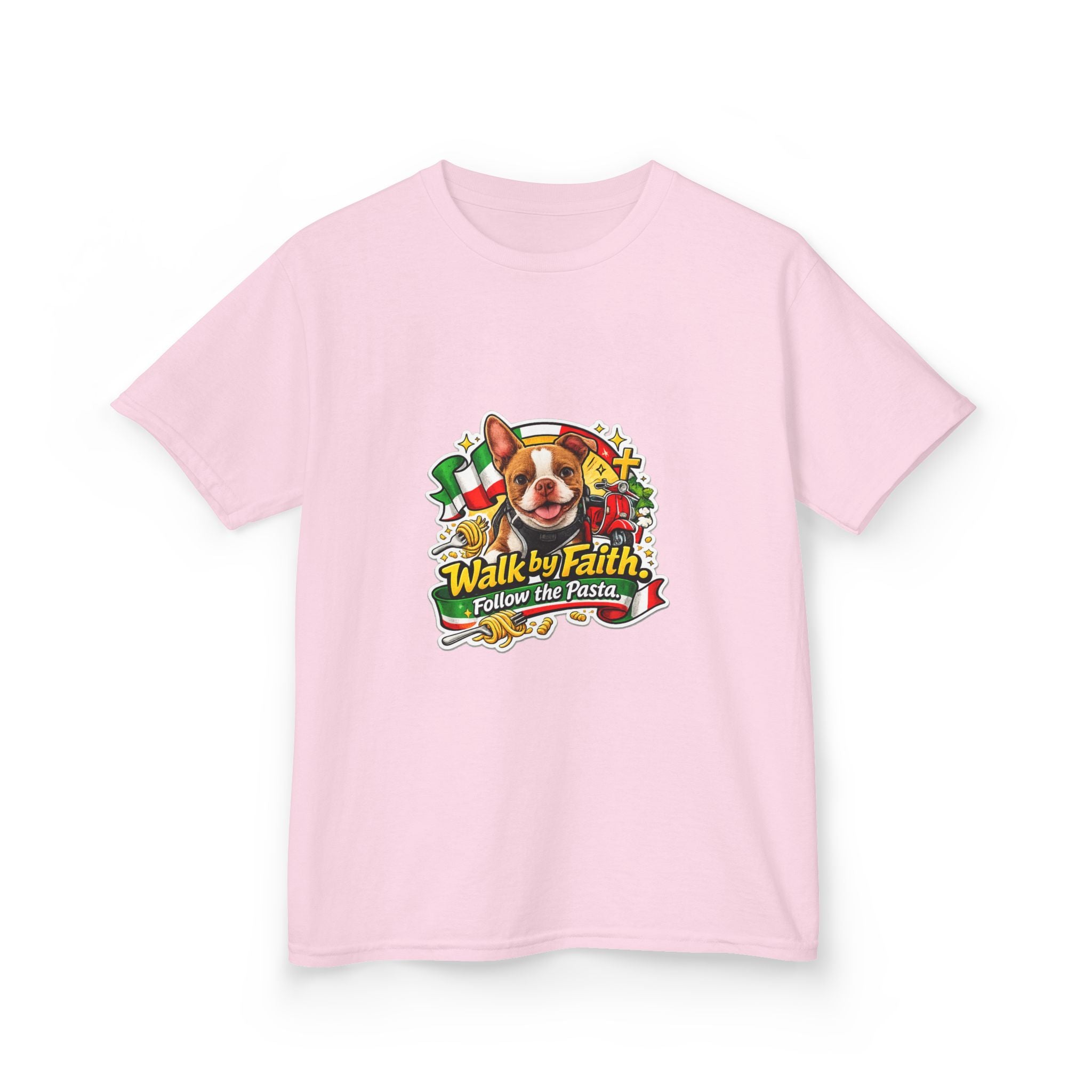 Kids T‑Shirt — “Walk by Faith, Follow the Pasta ” Cute Olli the Boston Terrier Faith Graphic