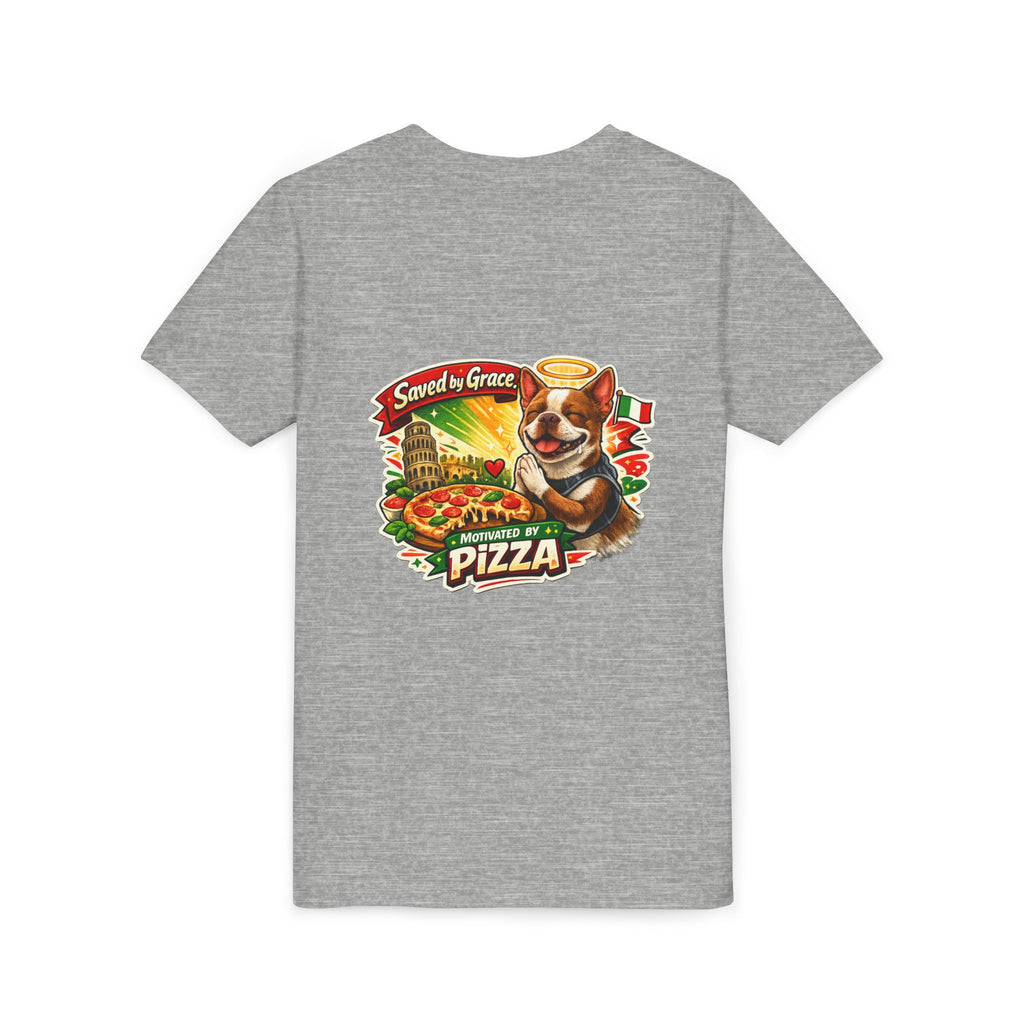 Kids' Pizza Olli the Boston Terrier in Italy Tee — "Saved by Grace" Funny Italian Pizza Youth Shirt