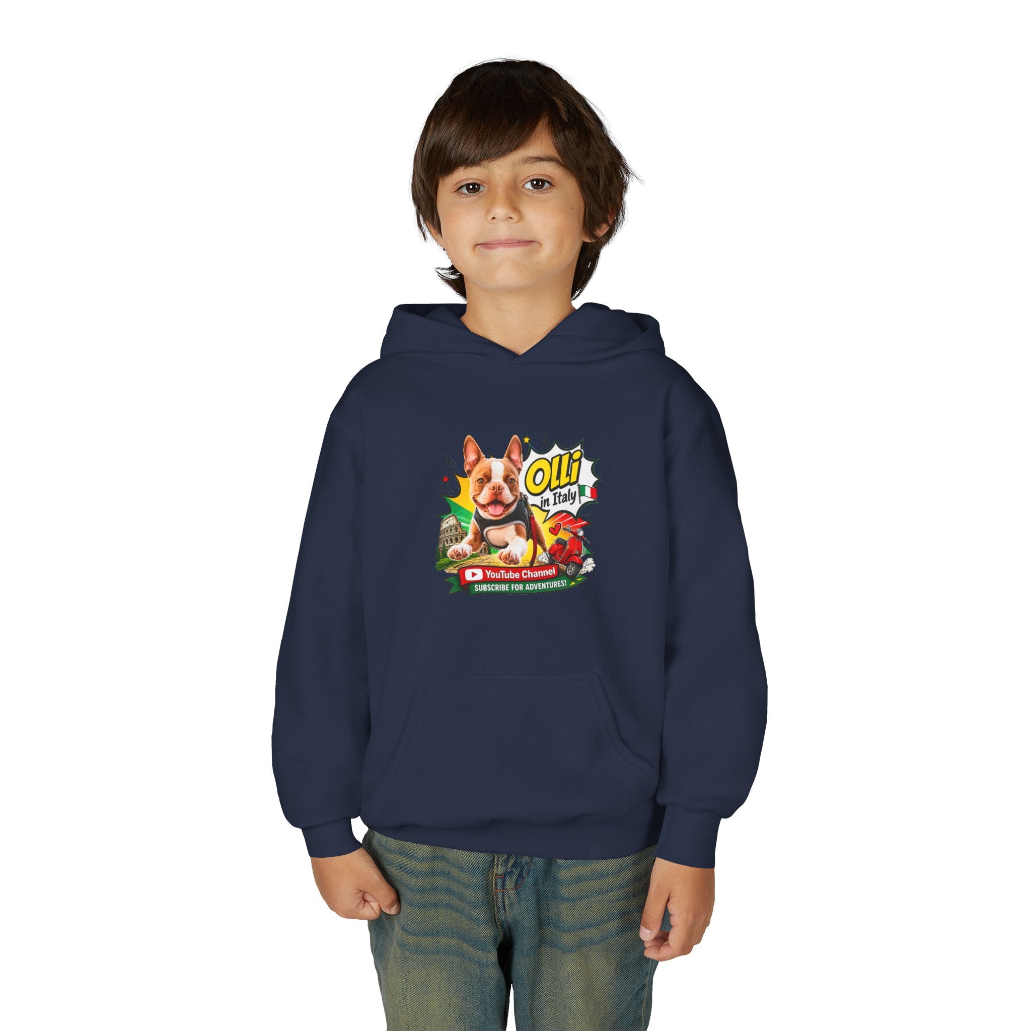 Olli the Boston Terrier in Italy Hoodie — "My Nose Says This Way" Youth Pullover