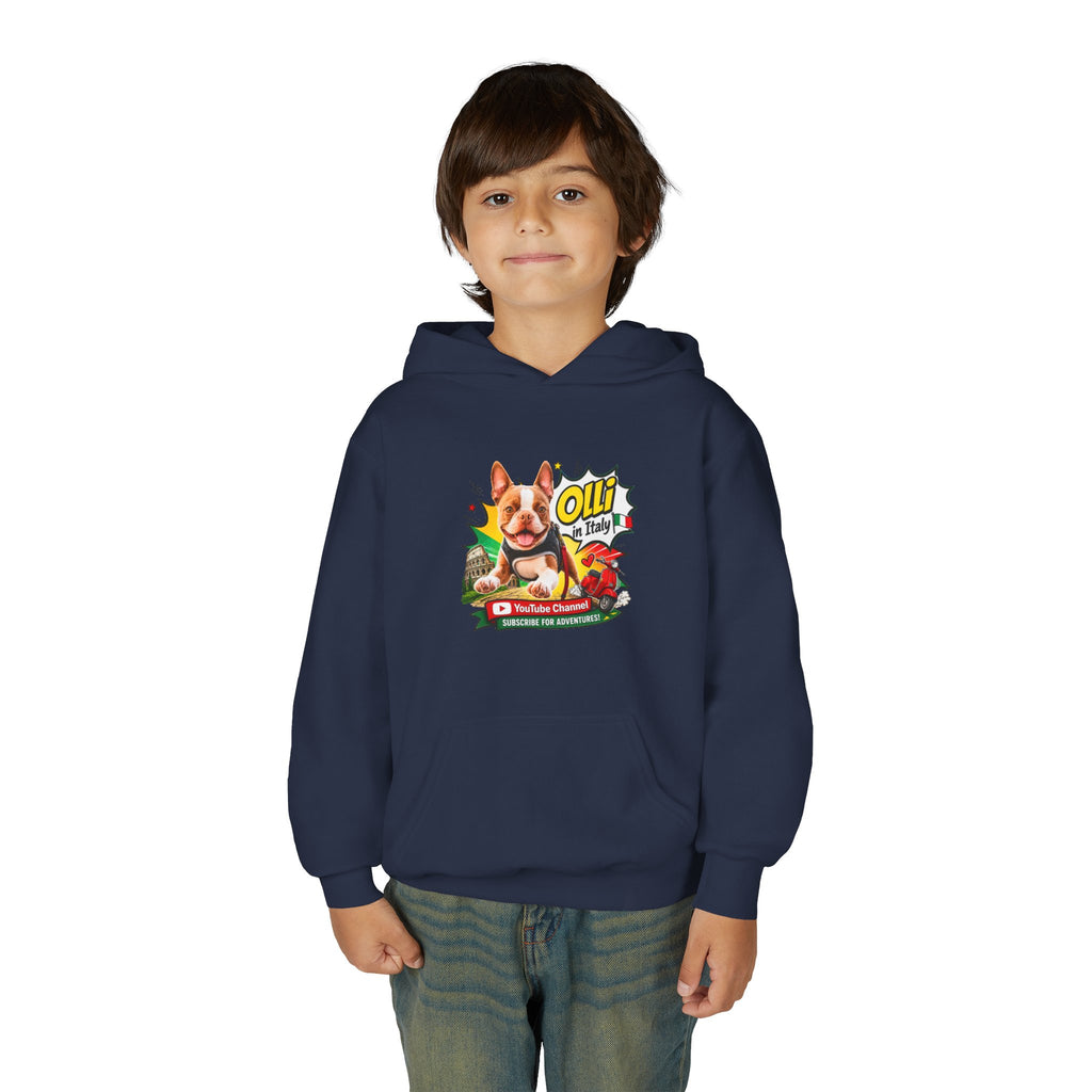 Olli the Boston Terrier in Italy Hoodie — "My Nose Says This Way" Youth Pullover
