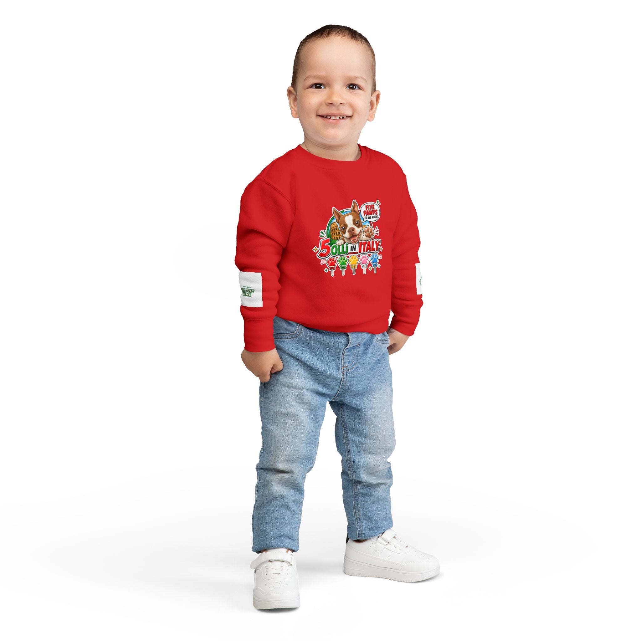 Toddler Sweatshirt - "Olli in Italy" Cute Boston Terrier Puppy Travel Crewneck