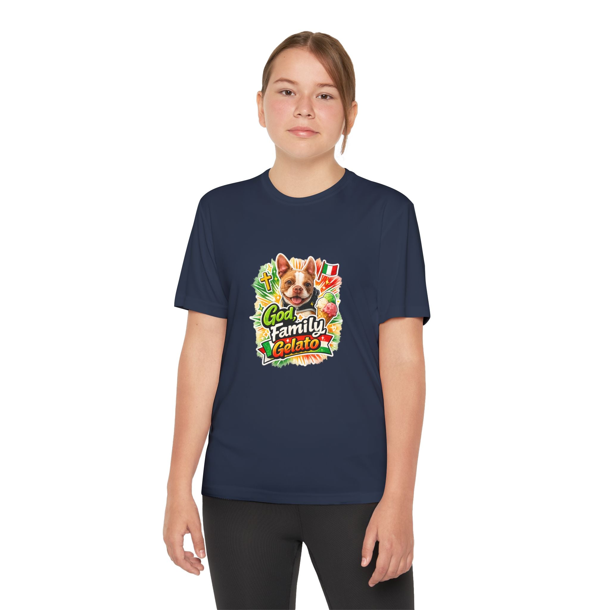 Youth Graphic Tee — 'God, Family, Gelato' Olli In Italy Boston Terrier Dog