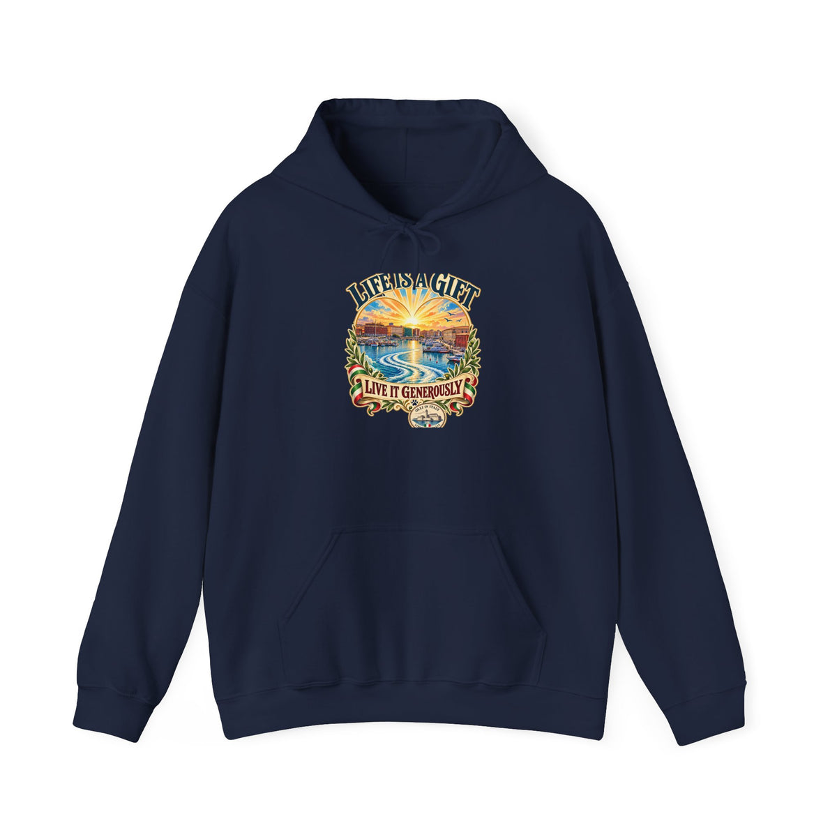 Life Is a Gift Hoodie — Sunset Ocean Graphic with “Live It Generously” Quote