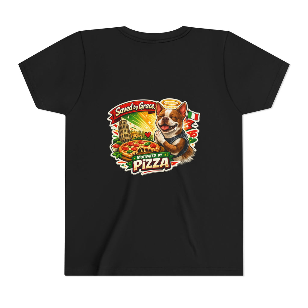 Kids' Pizza Olli the Boston Terrier Tee — "Saved by Grace" Funny Italian Pizza Youth Shirt
