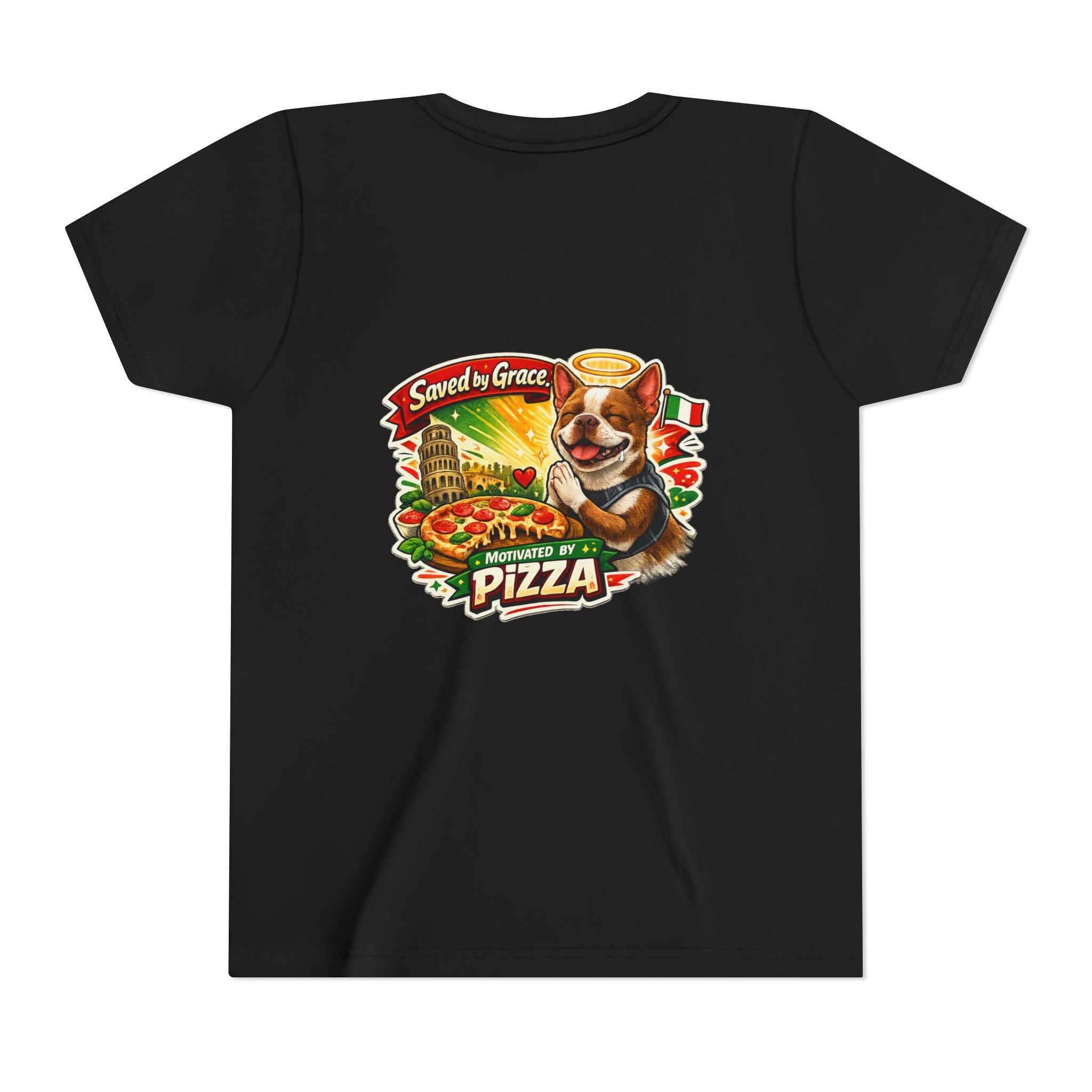 Kids' Pizza Olli the Boston Terrier Tee — "Saved by Grace" Funny Italian Pizza Youth Shirt