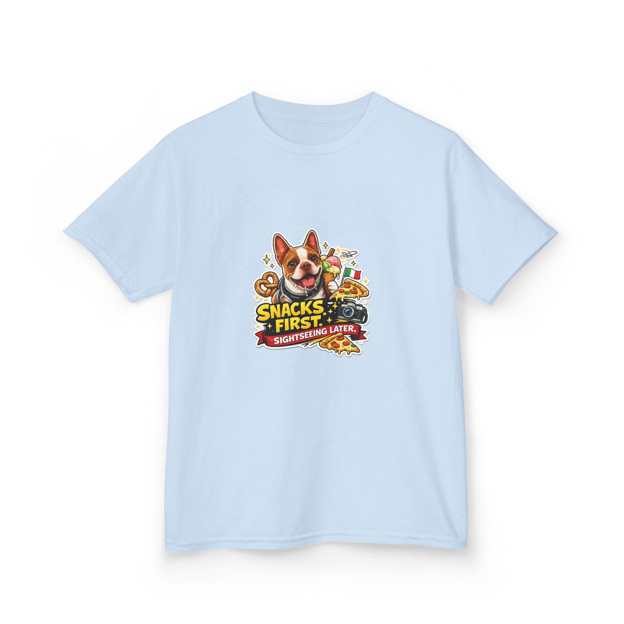 Kids T‑Shirt — "Snacks First" Funny Olli the Boston Terrier Graphic Tee for Children