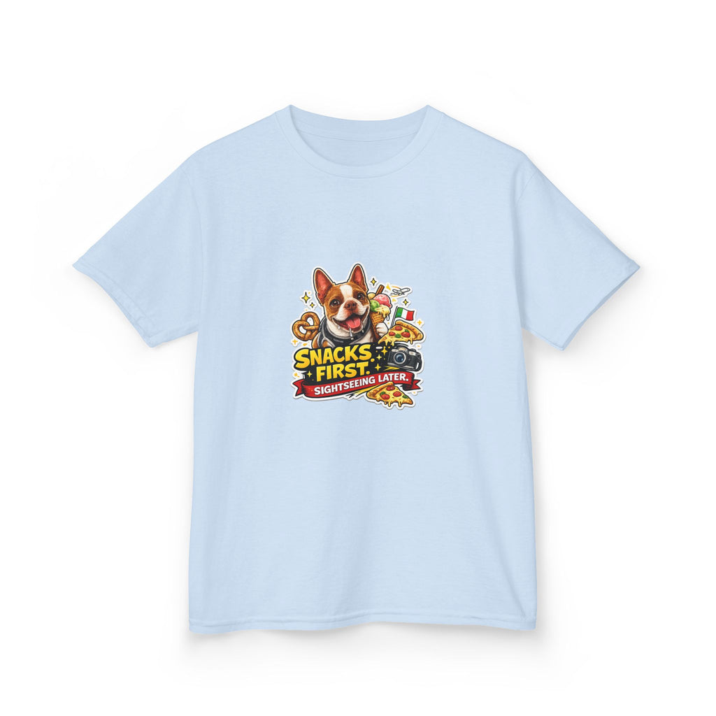 Kids T‑Shirt — "Snacks First" Funny Olli the Boston Terrier Graphic Tee for Children