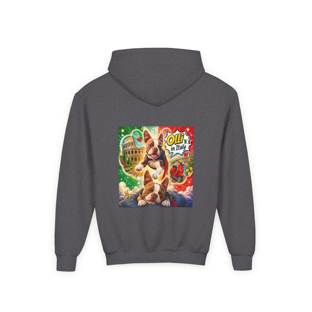 Youth Hoodie — "Olli in Italy" Boston Terrier Sweatshirt