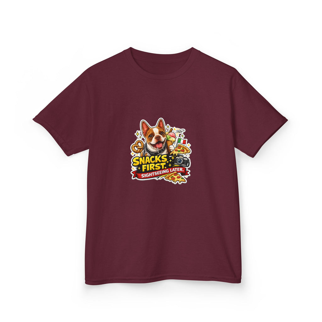 Kids T‑Shirt — "Snacks First" Funny Olli the Boston Terrier Graphic Tee for Children