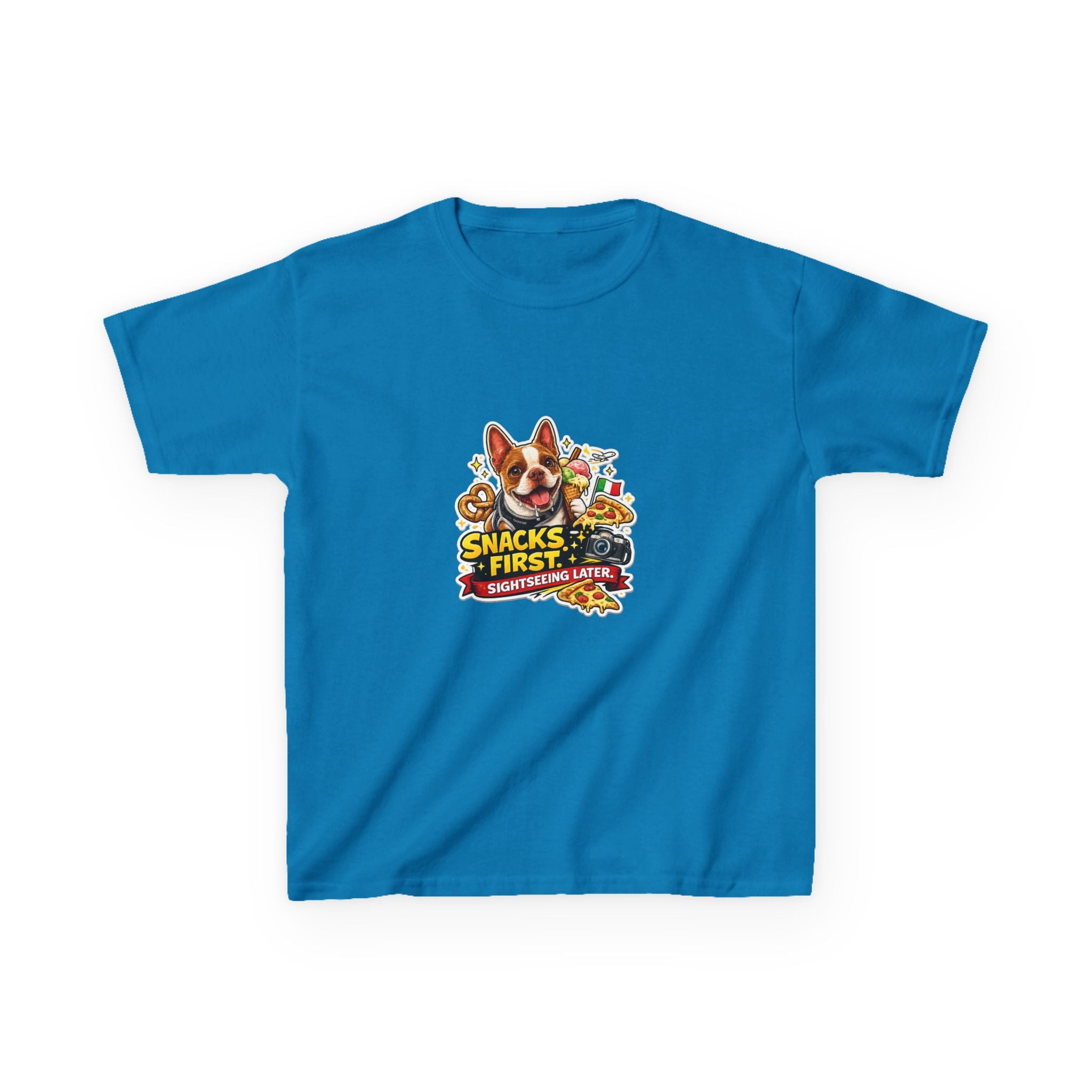 Kids T‑Shirt — "Snacks First" Funny Olli the Boston Terrier Graphic Tee for Children