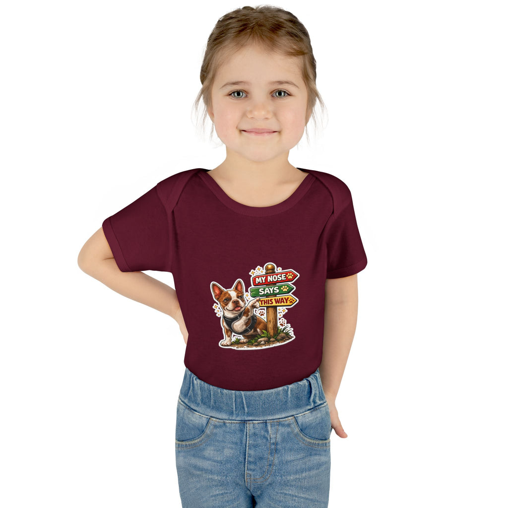 Infant Bodysuit — "My Nose Says This Way" Boston Terrier 'Olli' Baby Onesie (Front & Back Cute Dog Design)