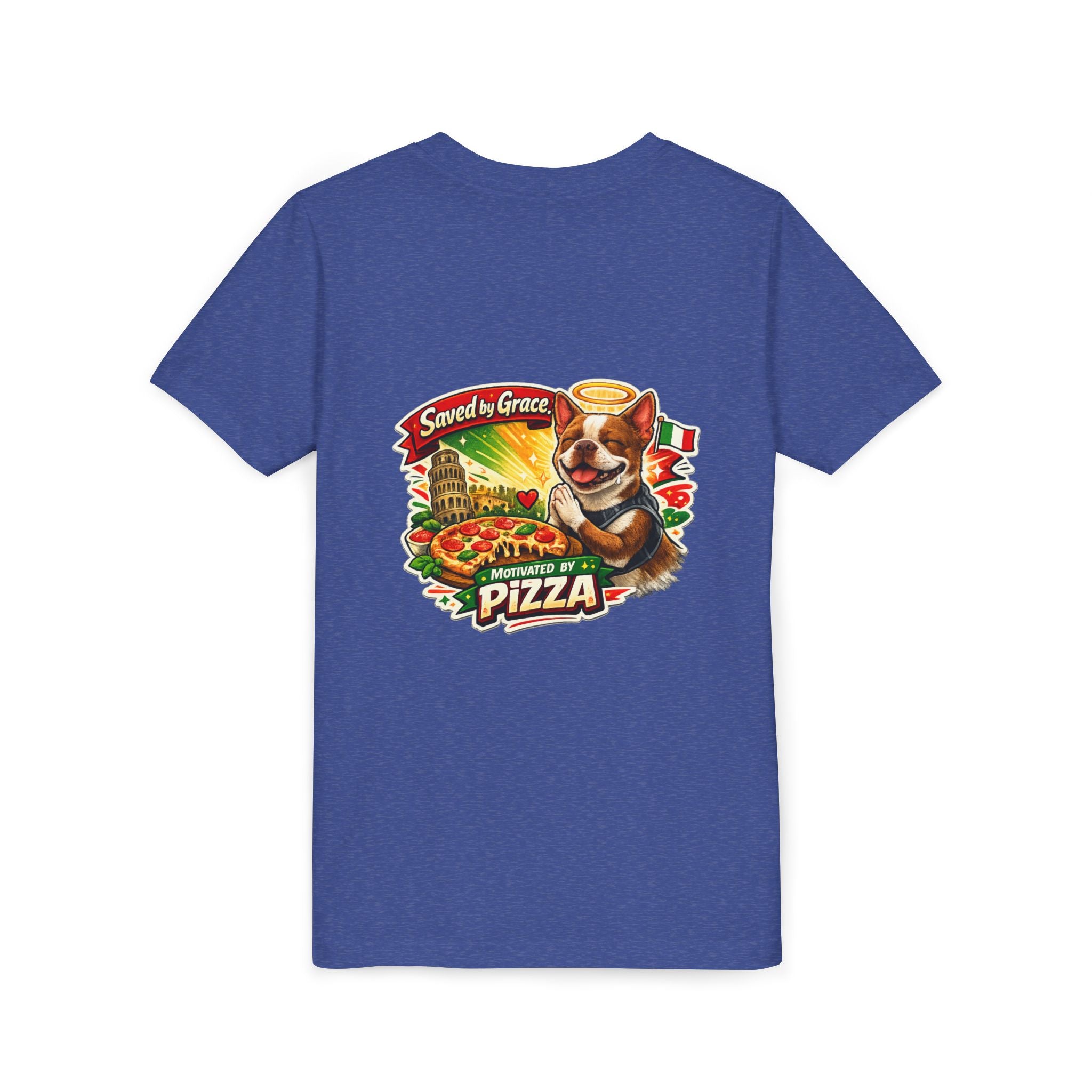 Kids' Pizza Olli the Boston Terrier Tee — "Saved by Grace" Funny Italian Pizza Youth Shirt