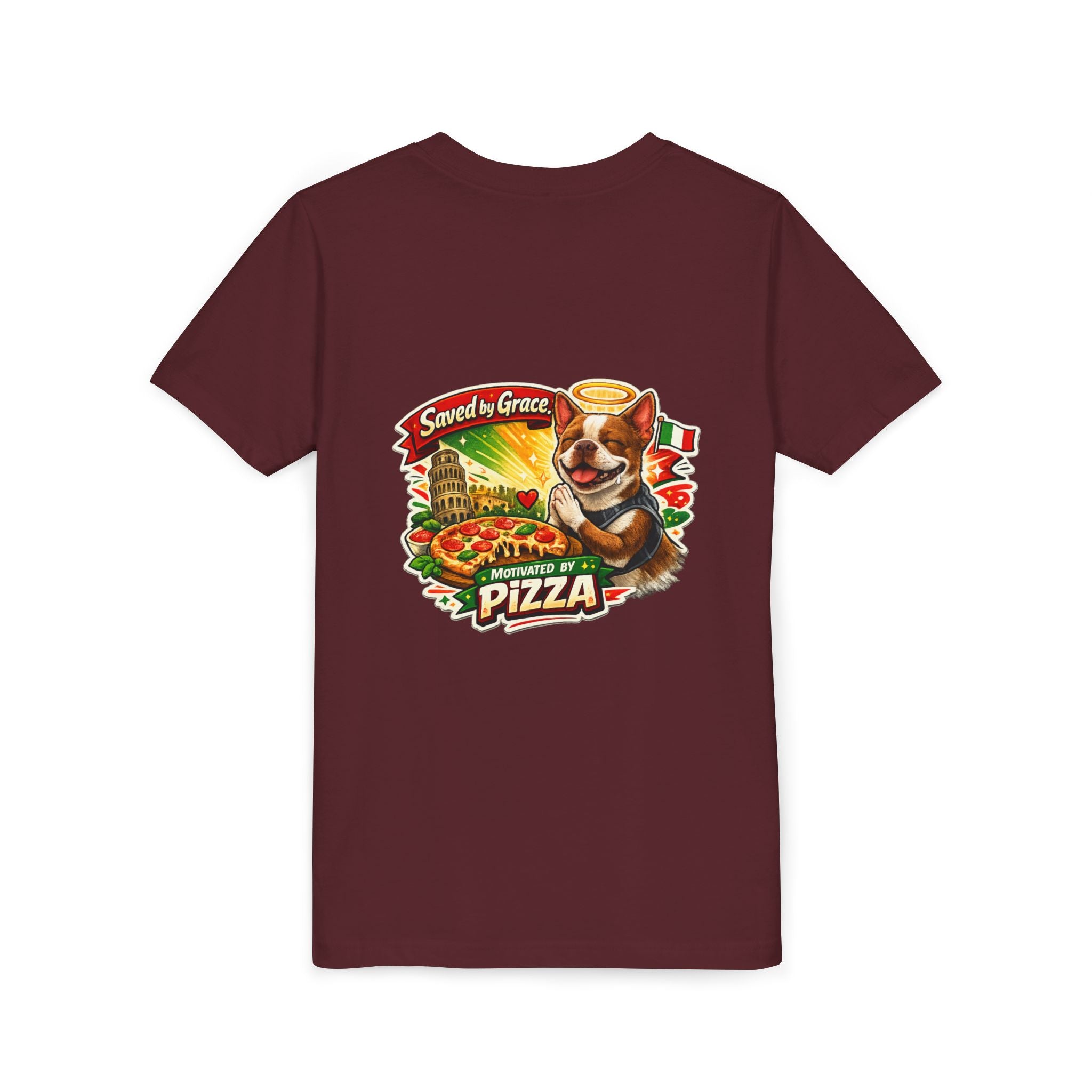 Kids' Pizza Olli the Boston Terrier Tee — "Saved by Grace" Funny Italian Pizza Youth Shirt
