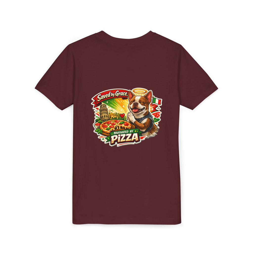 Kids' Pizza Olli the Boston Terrier in Italy Tee — "Saved by Grace" Funny Italian Pizza Youth Shirt