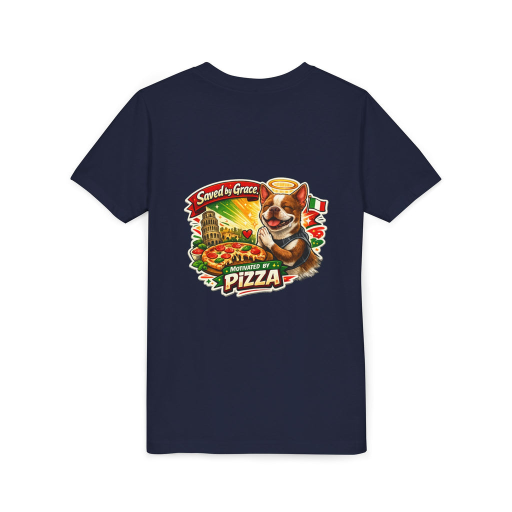 Kids' Pizza Olli the Boston Terrier Tee — "Saved by Grace" Funny Italian Pizza Youth Shirt