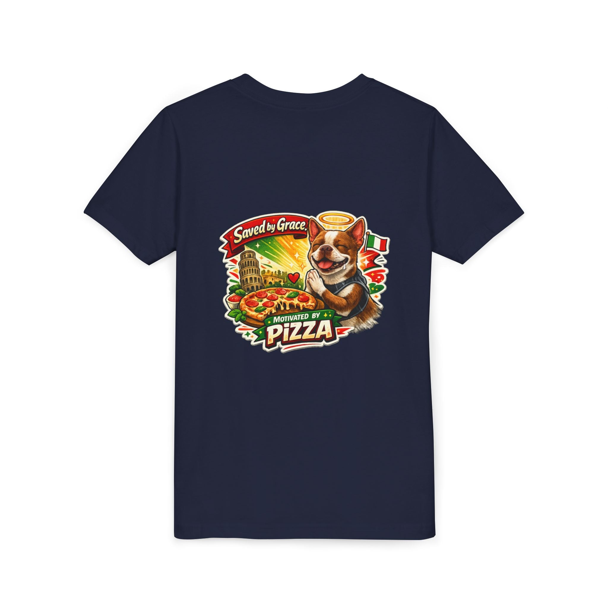 Kids' Pizza Olli the Boston Terrier Tee — "Saved by Grace" Funny Italian Pizza Youth Shirt
