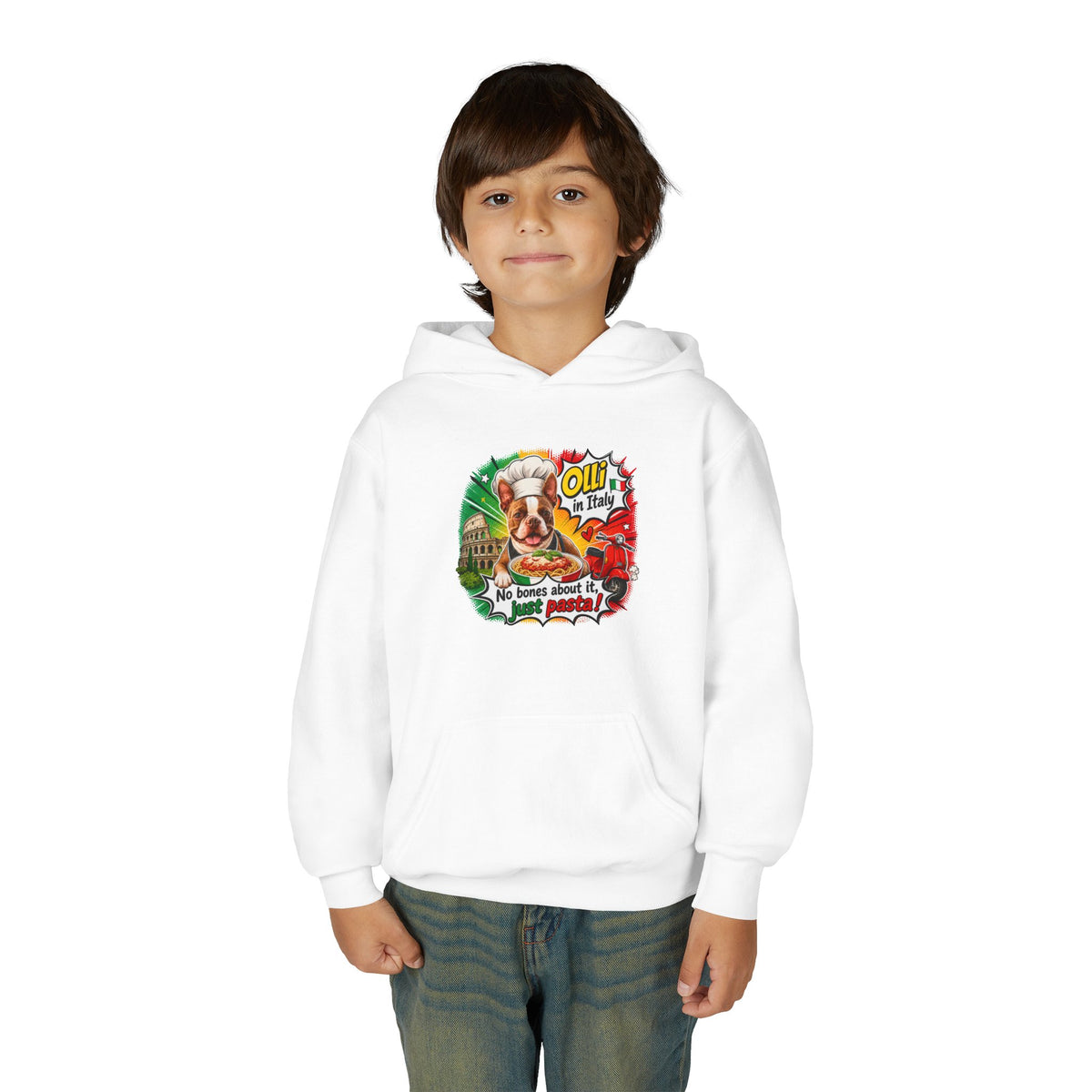 Youth Hoodie — "Olli from Italy" Boston Terrier Christmas Holiday Sweatshirt