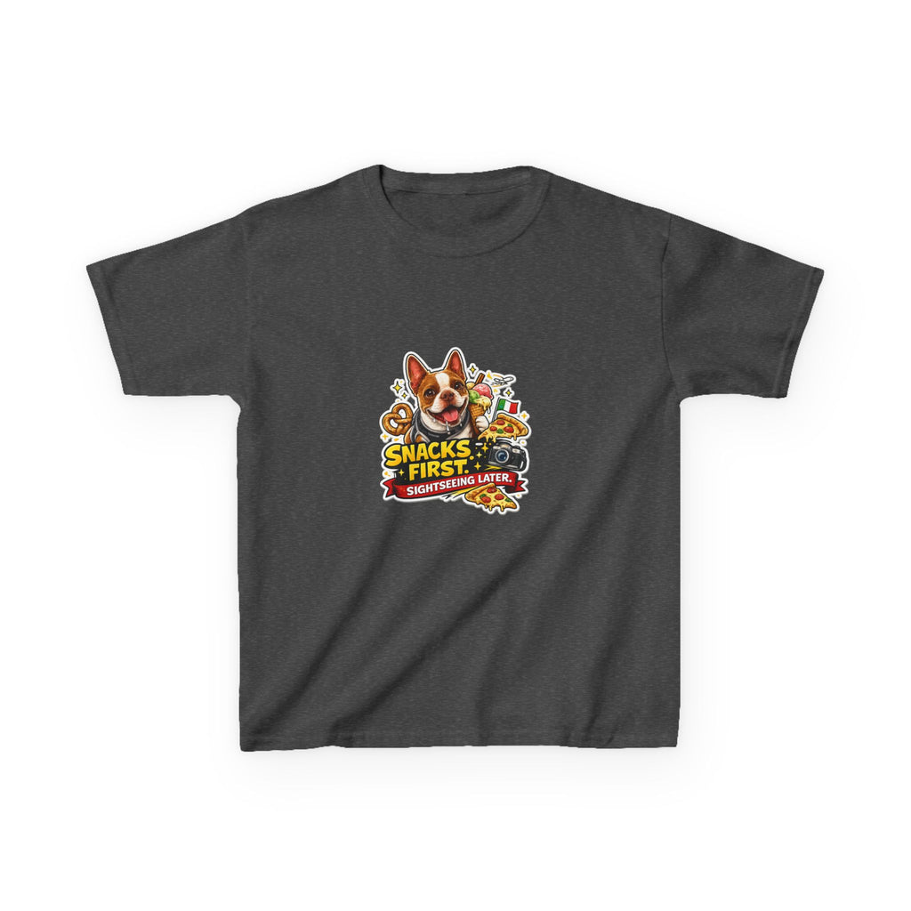Kids T‑Shirt — "Snacks First" Funny Olli the Boston Terrier Graphic Tee for Children