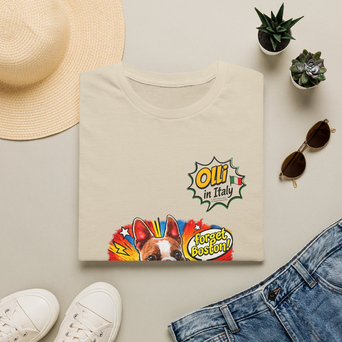 Olli in Italy "Forget Boston" Graphic T-Shirt — Colorful Dog Pop Art Tee