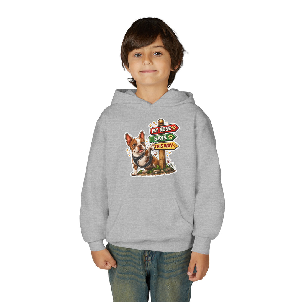 Youth Hoodie — Olli In Italy Boston Terrier Dog Design ‘My Nose Says This Way’ / ‘I Came, I Sniffed, I Judged’