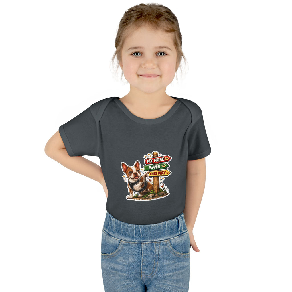 Infant Bodysuit — "My Nose Says This Way" Olli In Italy Boston Terrier Onesie (Front & Back Cute Dog Design)