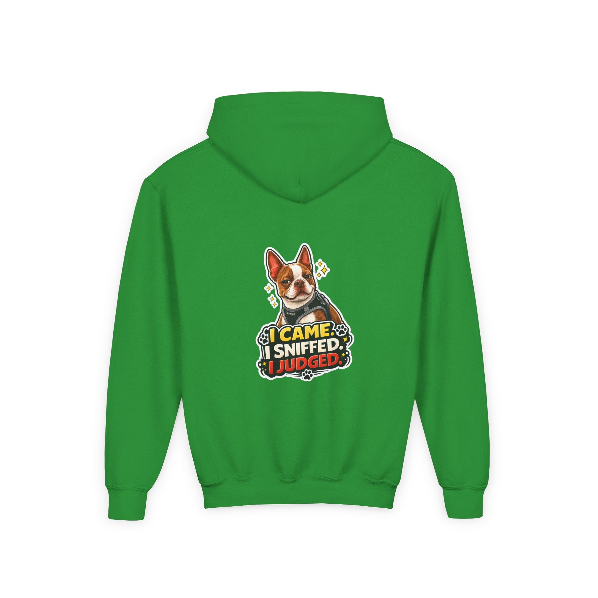 Youth Hoodie — Cute Olli the Boston Terrier ‘My Nose Says This Way’ / ‘I Came, I Sniffed, I Judged’