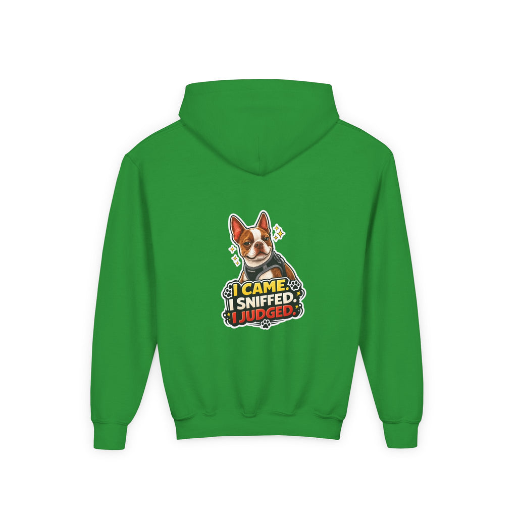Youth Hoodie — Olli In Italy Boston Terrier Dog Design ‘My Nose Says This Way’ / ‘I Came, I Sniffed, I Judged’