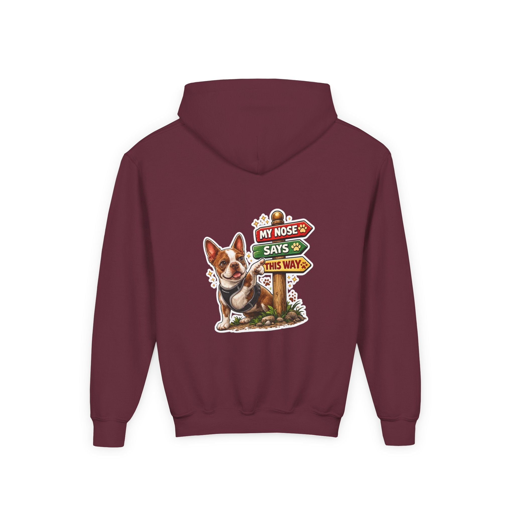 Olli the Boston Terrier in Italy Hoodie — "My Nose Says This Way" Youth Pullover