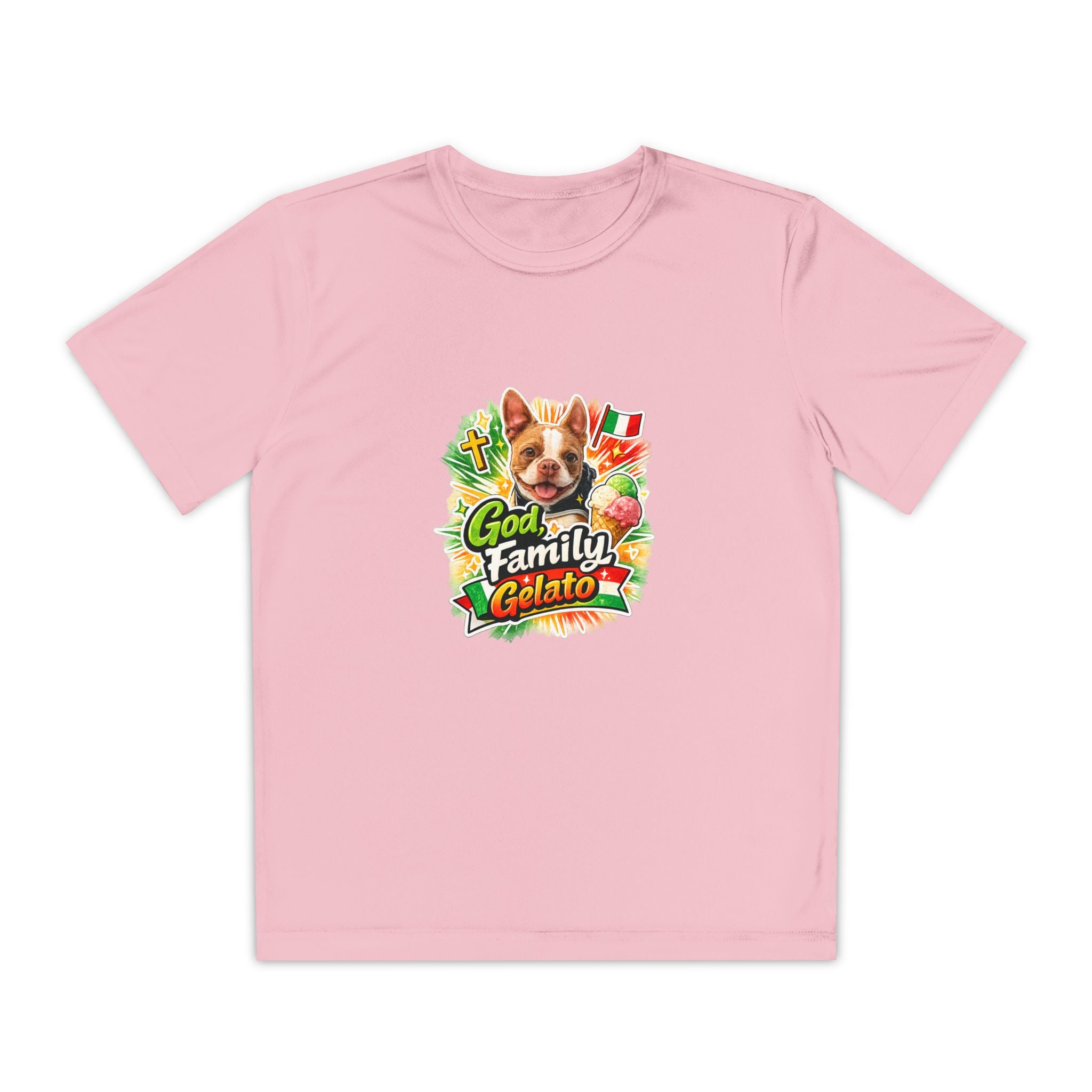 Youth Graphic Tee — 'God, Family, Gelato' Olli In Italy Boston Terrier Dog