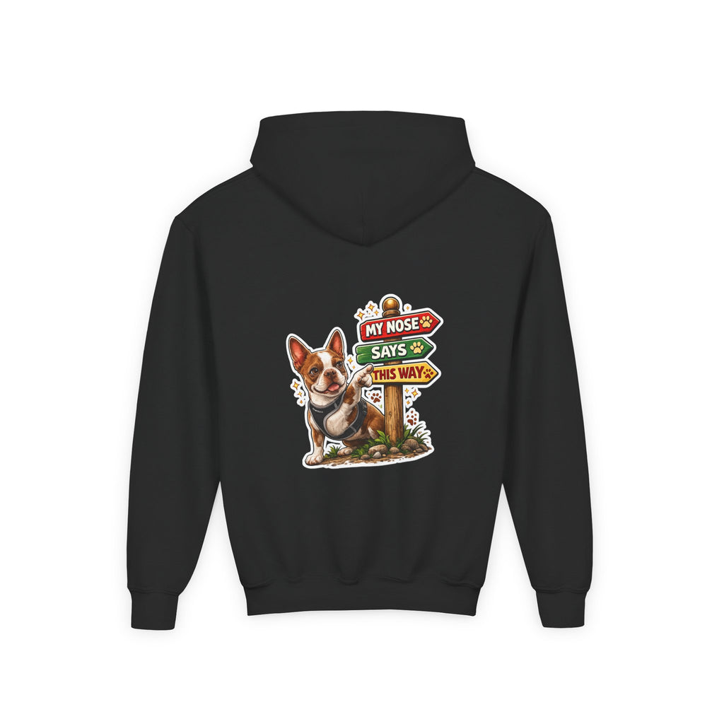 Olli the Boston Terrier in Italy Hoodie — "My Nose Says This Way" Youth Pullover