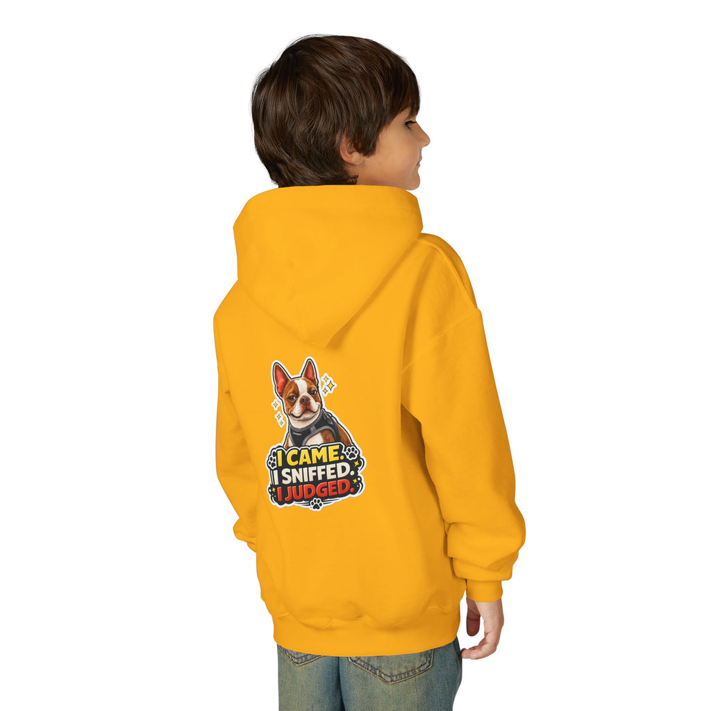 Youth Hoodie — Cute Olli the Boston Terrier ‘My Nose Says This Way’ / ‘I Came, I Sniffed, I Judged’