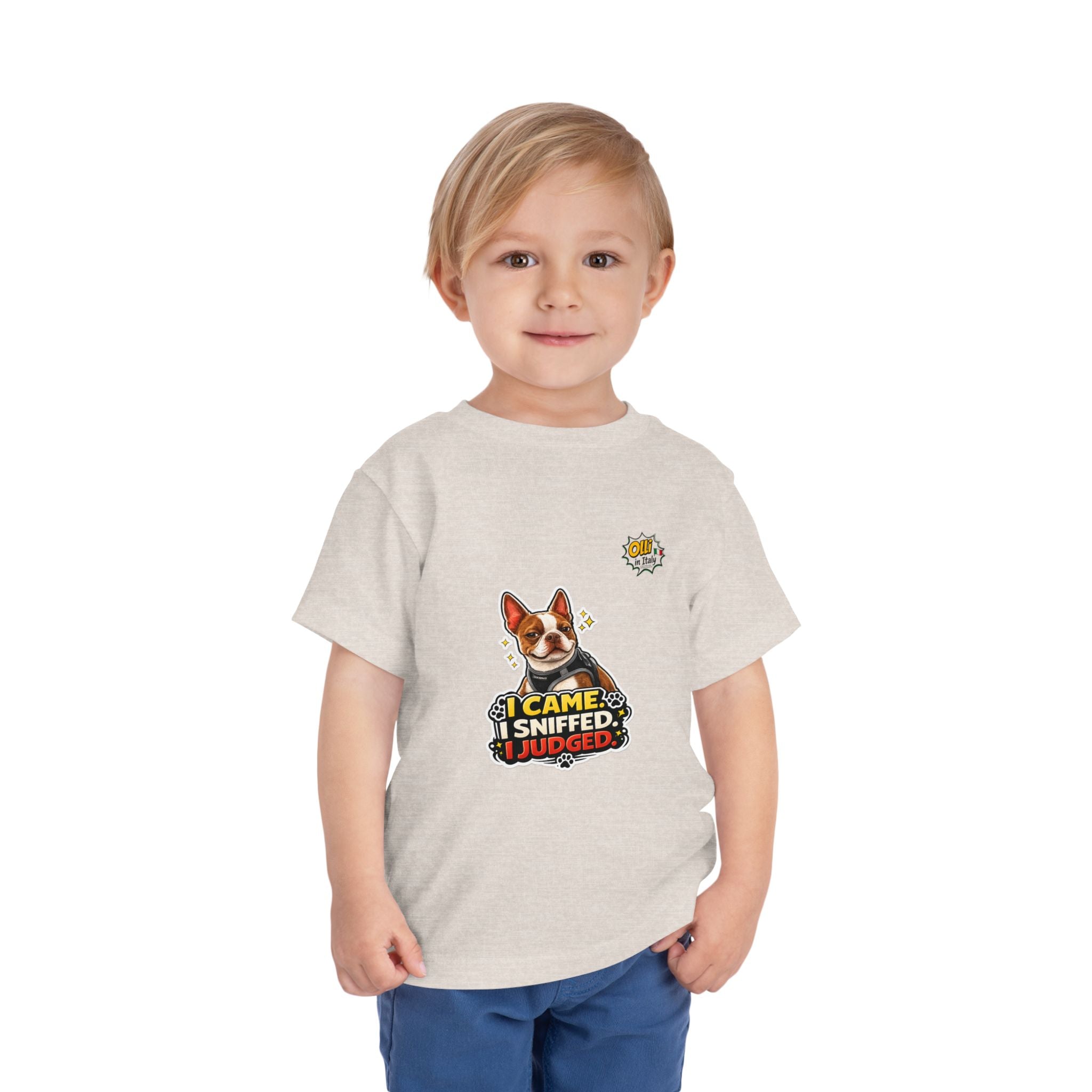 Toddler Tee — Cute Olli the Boston Terrier in Italy "I Came, I Sniffed, I Judged" Graphic