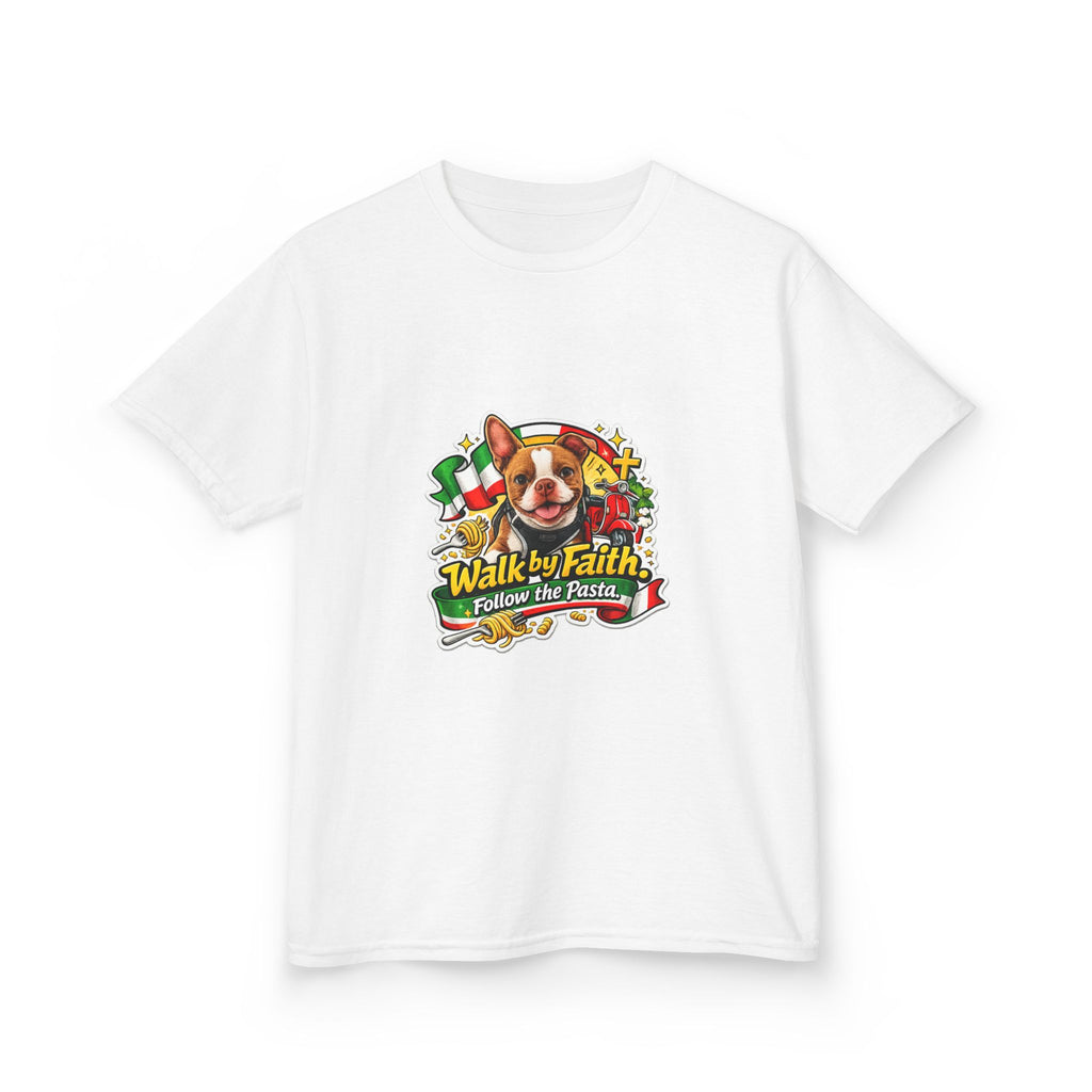 Kids T‑Shirt — “Walk by Faith, Follow the Path” Cute Olli the Boston Terrier In Italy Dog Faith Graphic