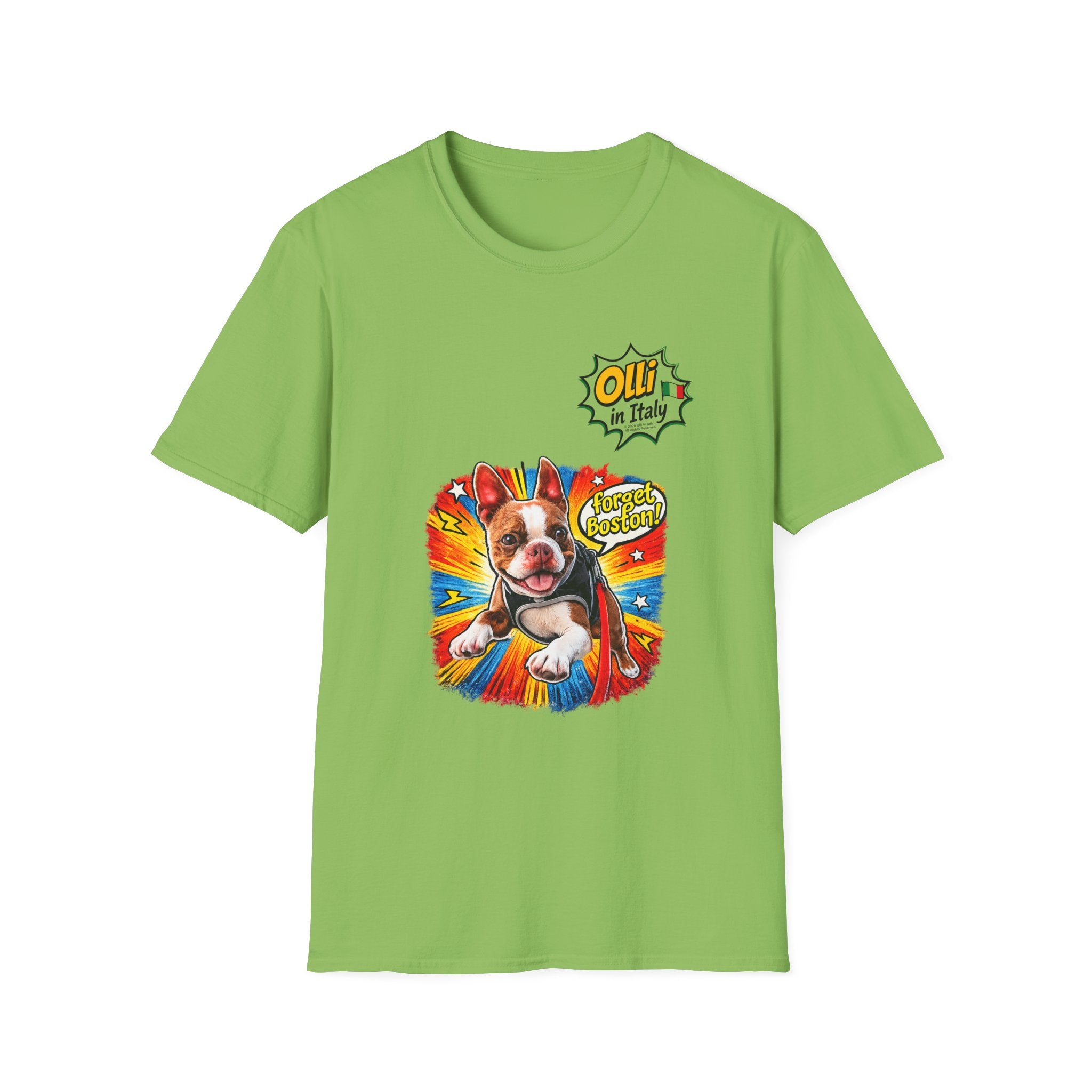 Olli in Italy "Forget Boston" Graphic T-Shirt — Colorful Dog Pop Art Tee