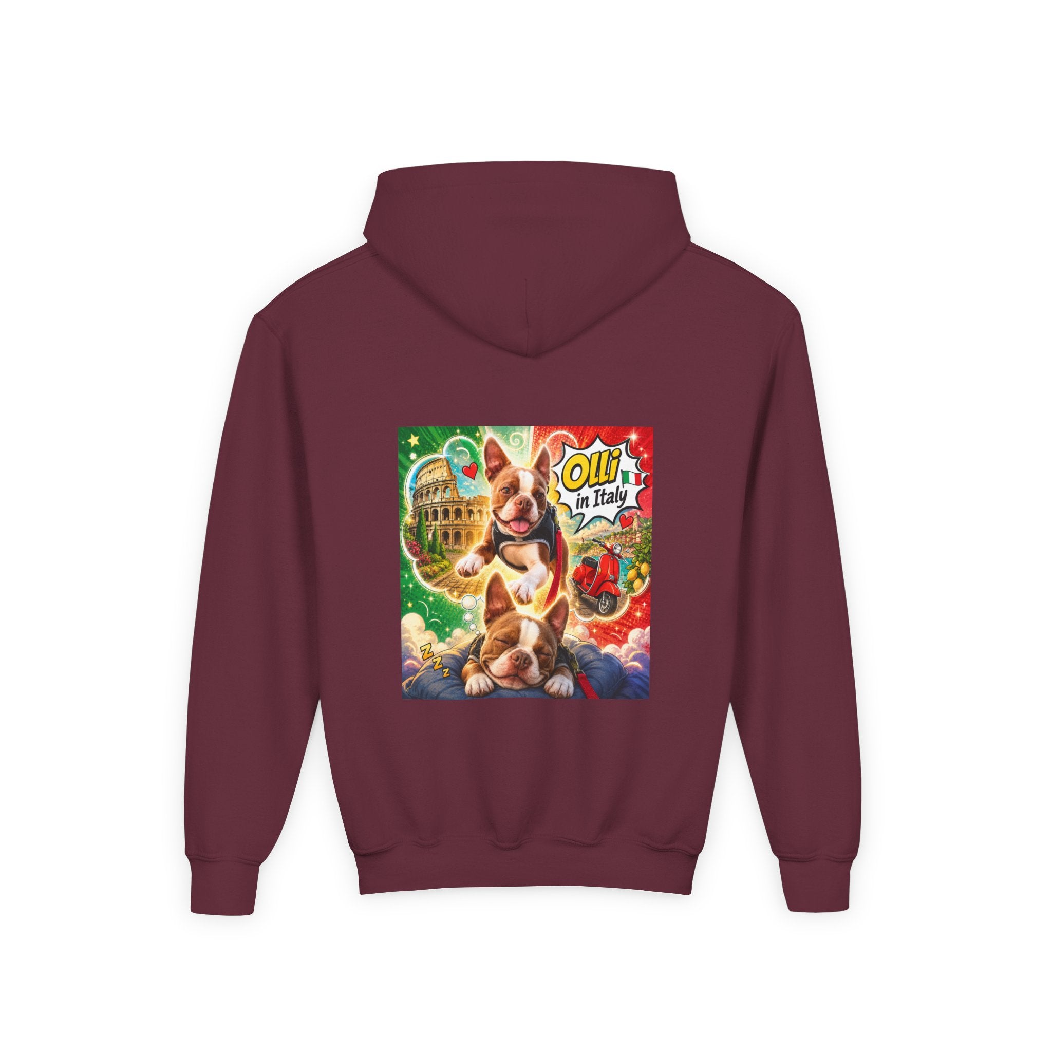 Youth Hoodie — "Olli in Italy" Boston Terrier Sweatshirt
