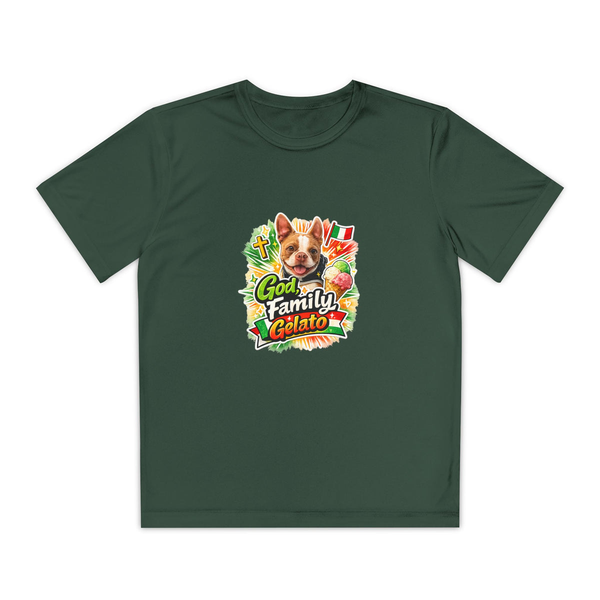 Youth Boston Terrier God Family Gelato Performance Tee