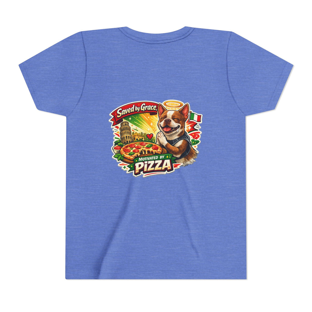 Kids' Pizza Olli the Boston Terrier Tee — "Saved by Grace" Funny Italian Pizza Youth Shirt