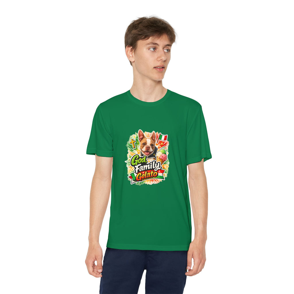 Youth Graphic Tee — 'God, Family, Gelato' Olli In Italy Boston Terrier Dog