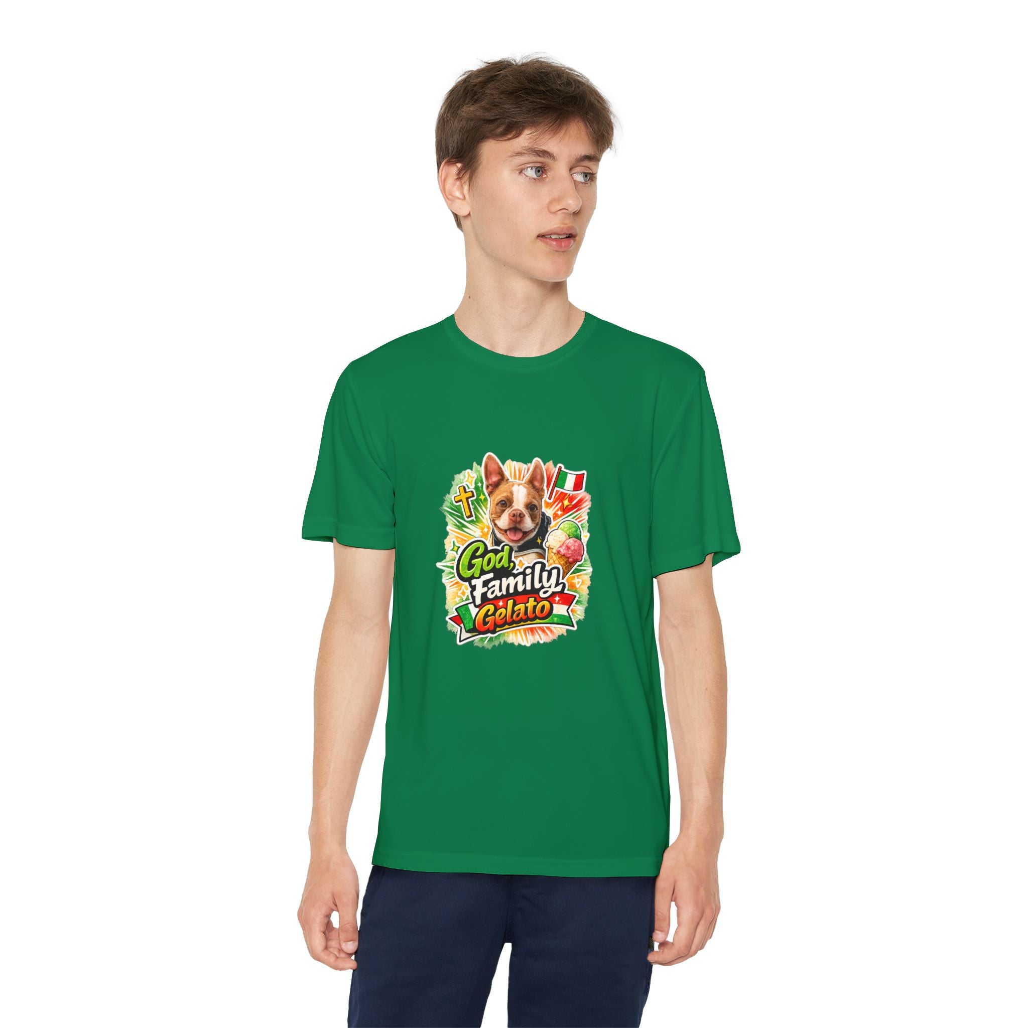 Youth Graphic Tee — 'God, Family, Gelato' Olli In Italy Boston Terrier Dog