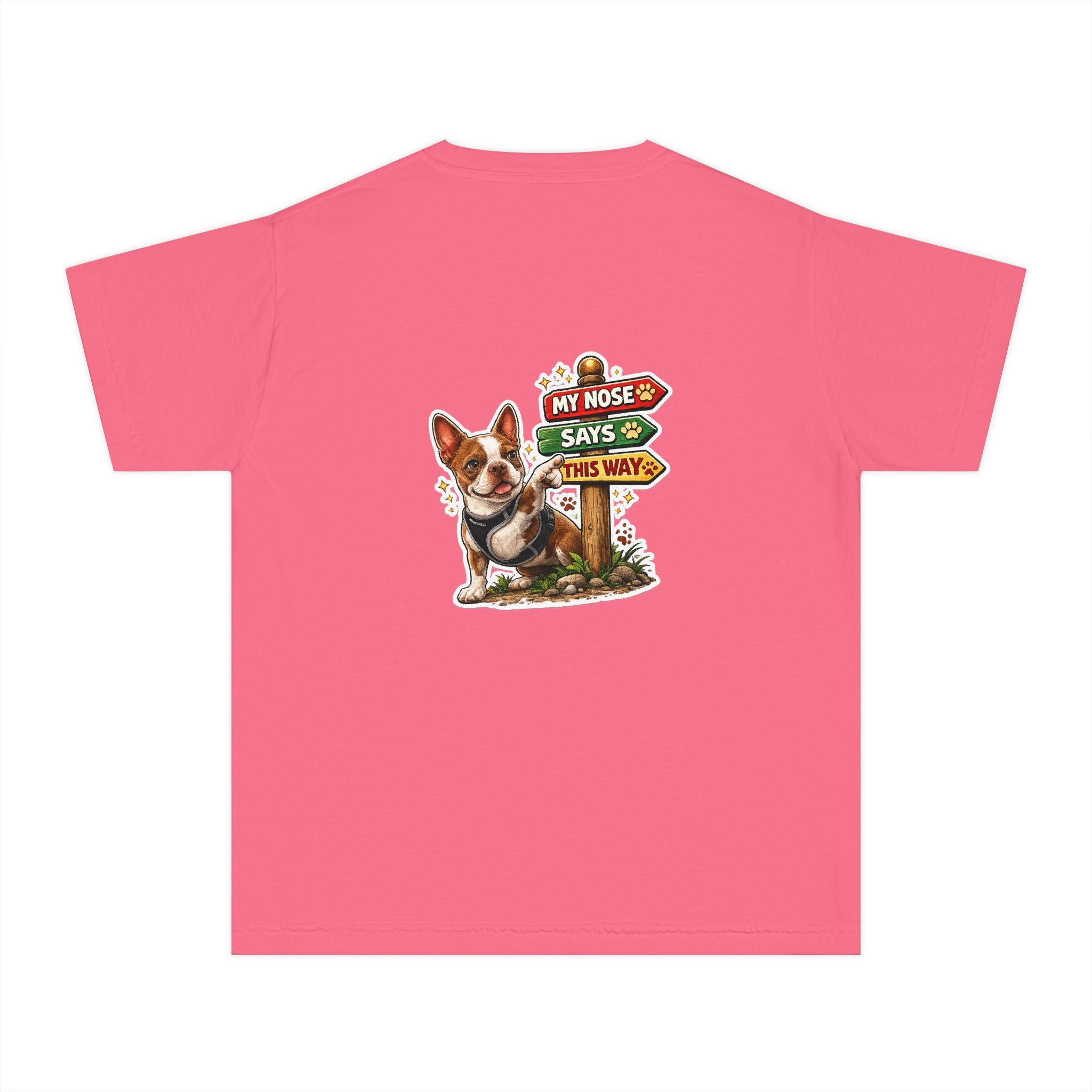 Youth Tee - Cute Olli the Boston Terrier "My Nose Says This Way" Vintage Italian Pizza Chef Graphic