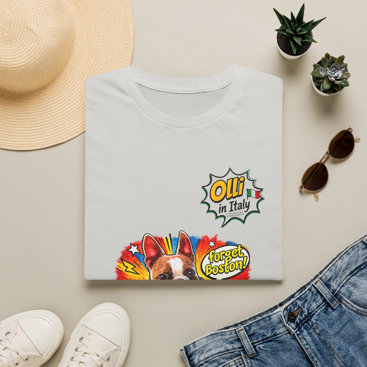 Olli in Italy "Forget Boston" Graphic T-Shirt — Colorful Dog Pop Art Tee
