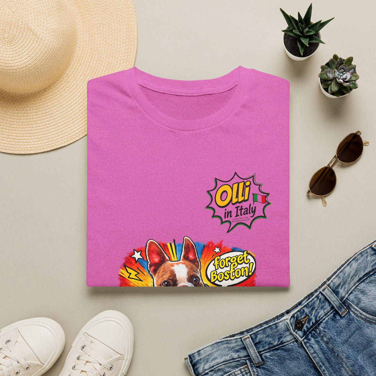 Olli in Italy "Forget Boston" Graphic T-Shirt — Colorful Dog Pop Art Tee