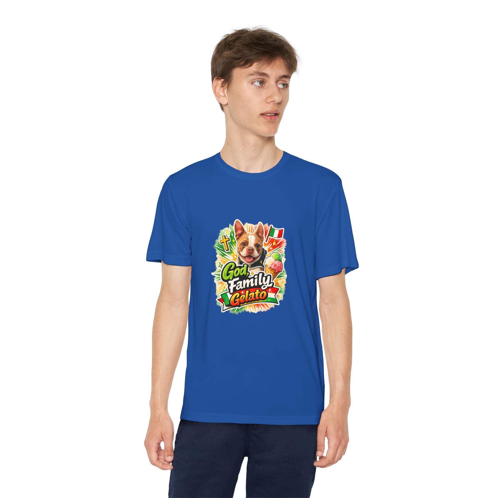 Youth Graphic Tee — 'God, Family, Gelato' Olli In Italy Boston Terrier Dog