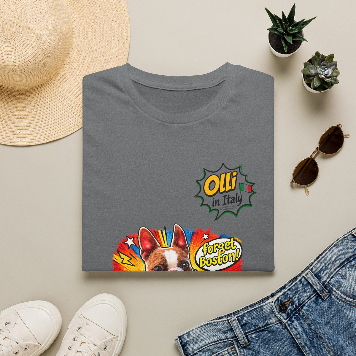 Olli in Italy "Forget Boston" Graphic T-Shirt — Colorful Dog Pop Art Tee