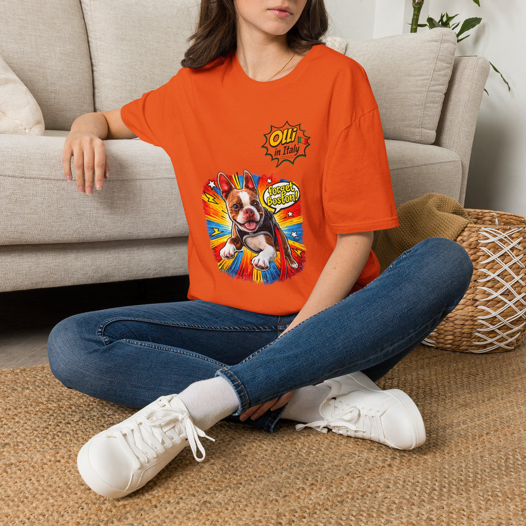 Olli in Italy "Forget Boston" Graphic T-Shirt — Colorful Dog Pop Art Tee