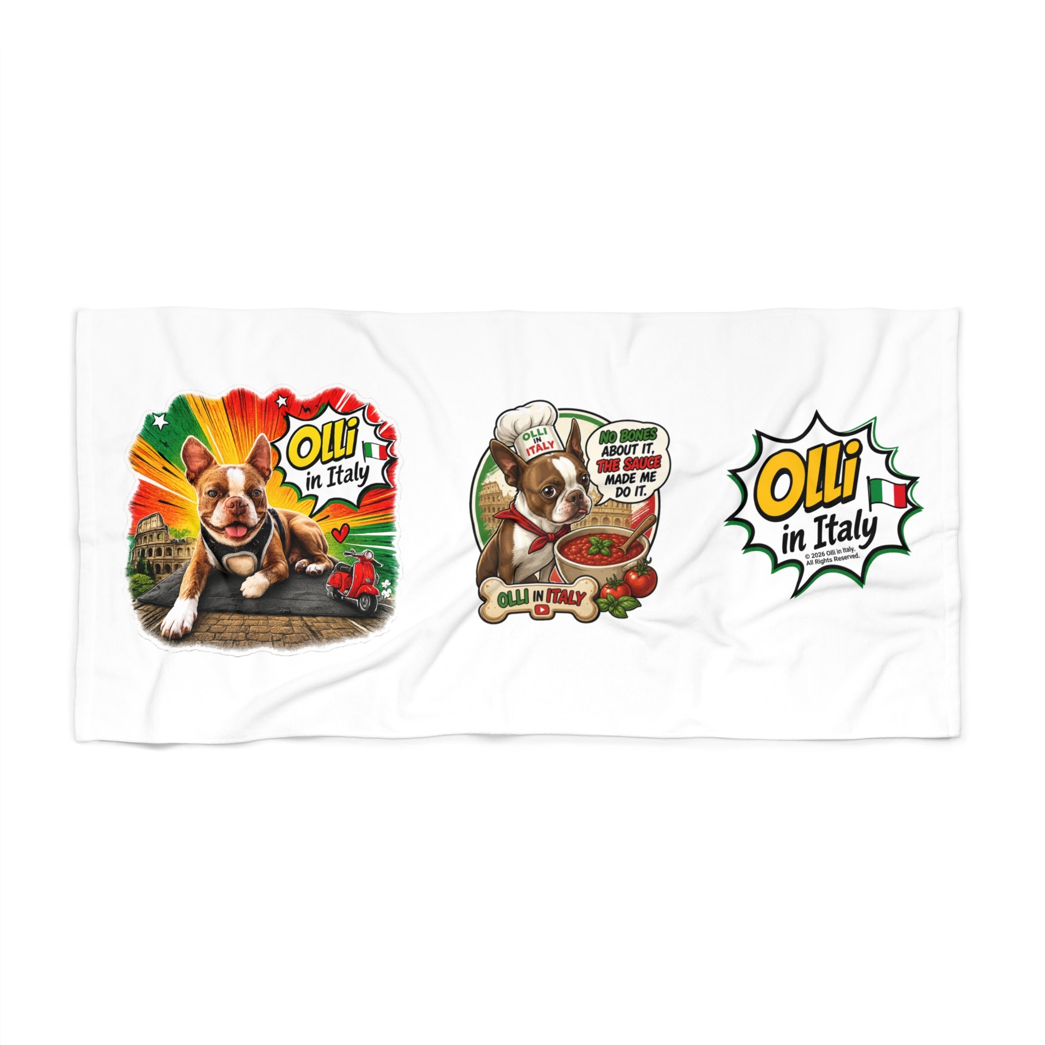Olli in Italy cartoon dog beach towel | Italian pizza travel design