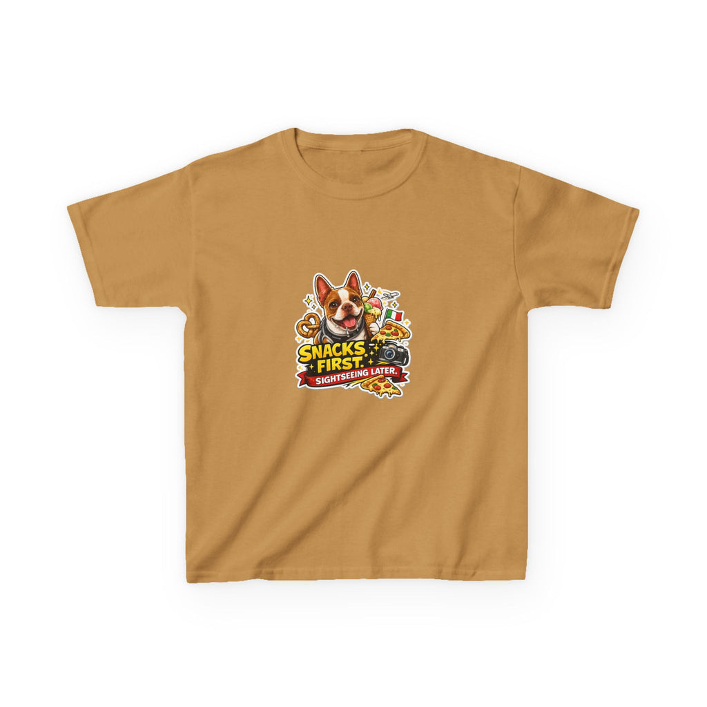 Kids T‑Shirt — "Snacks First" Funny Olli the Boston Terrier Graphic Tee for Children