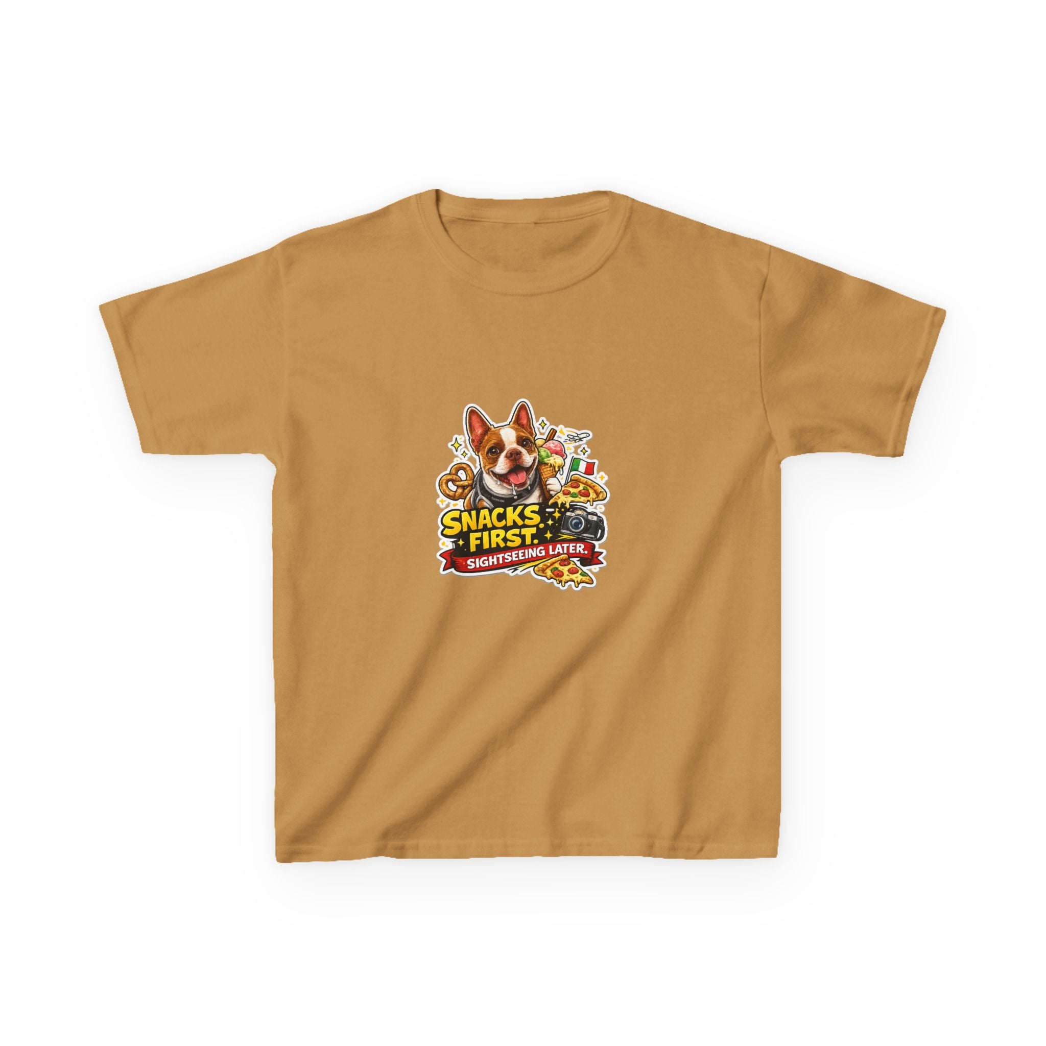 Kids T‑Shirt — "Snacks First" Funny Olli the Boston Terrier Graphic Tee for Children